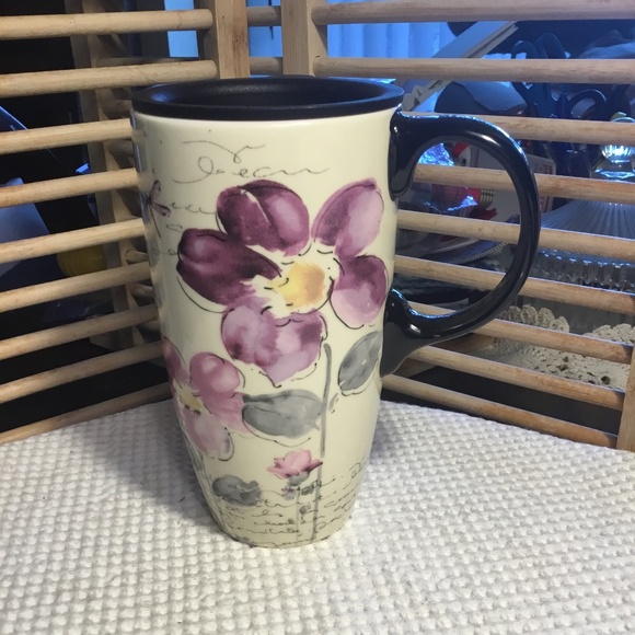 Topadorn 17 Oz Tall Ceramic Travel Mug Coffee Cups w/ Sealed Lid Purple Flower - Picture 1 of 8